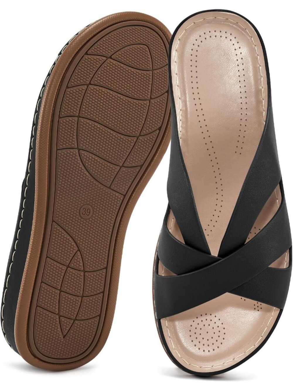 Women's Black Faux Leather Summer Low Platform Slide Comfortable Walking Sandals